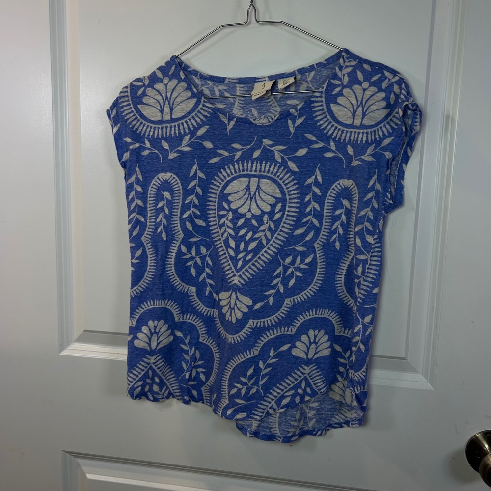 Joie Womens Top 100% Linen Blue White Paisley Floral Cap Sleeve S
